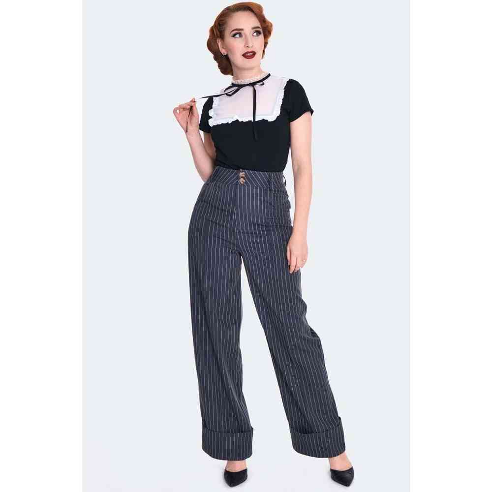 Voodoo Vixen - Grey Pinstripe Turn Up Wijde broek - Grijs